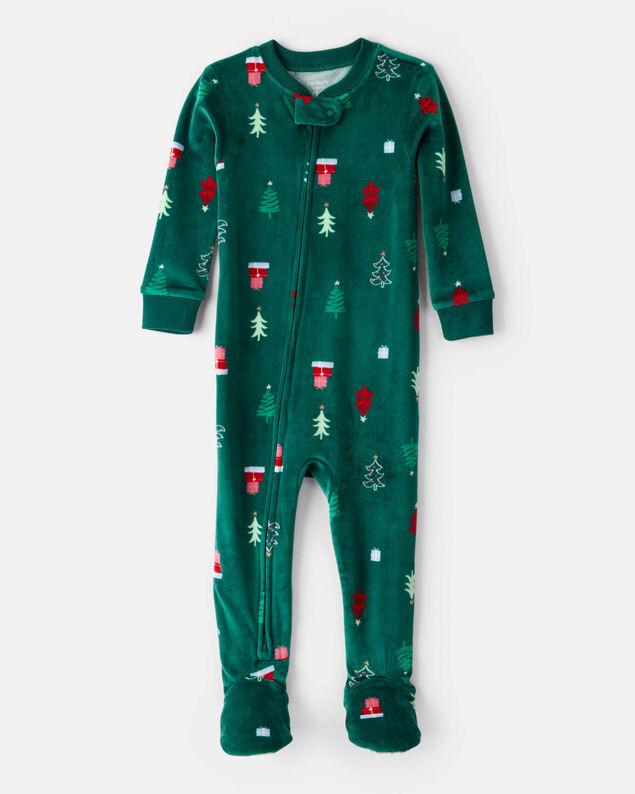 Product image 1 of Baby Christmas Tree Print Velour Long-Sleeve Snug Fit 1-Piece Pajamas - Green