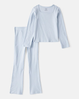 Product image 1 of Kid 2-Piece Ribbed Long-Sleeve Tee & Flare Pant Set - Blue