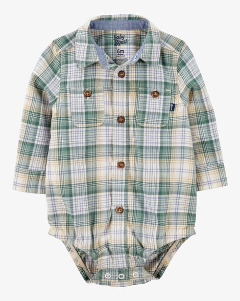 GREEN AND CREAM PLAID LONG SLEEVES SHIRT IN FLANNEL, BABY GREEN AND CREAM PLAID LONG SLEEVES SHIRT IN FLANNEL, BABY