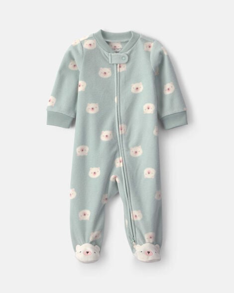 baby girl bear fleece 2-way zip sleep & play pajamas - green