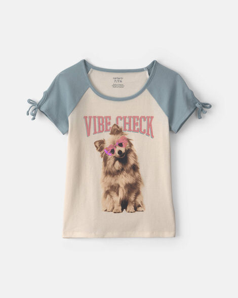 girls 'vibe check' dog graphic tee - cream/blue