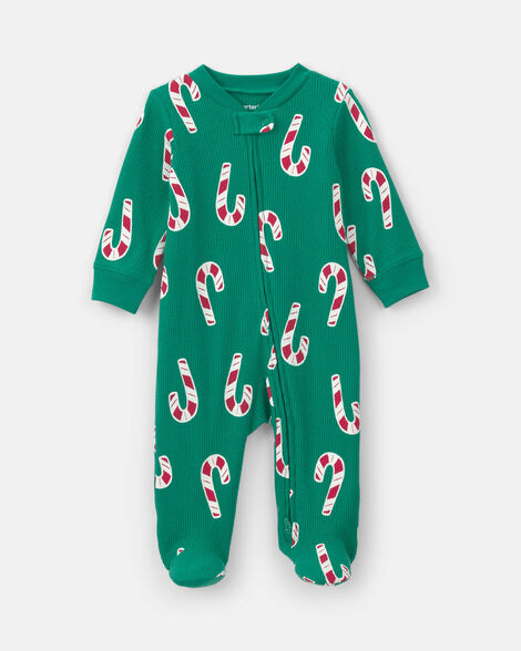baby candy cane christmas thermal sleep & play pajamas - green