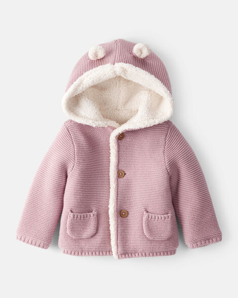 baby girl sherpa lined cotton long-sleeve jacket - pink