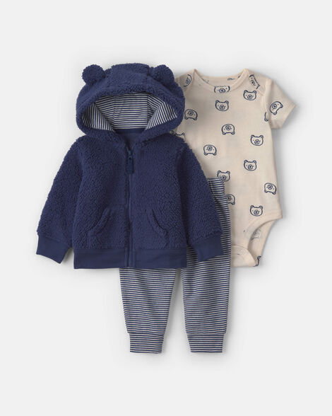 baby boy 3-piece bear teddy fleece layering set - navy blue/cream