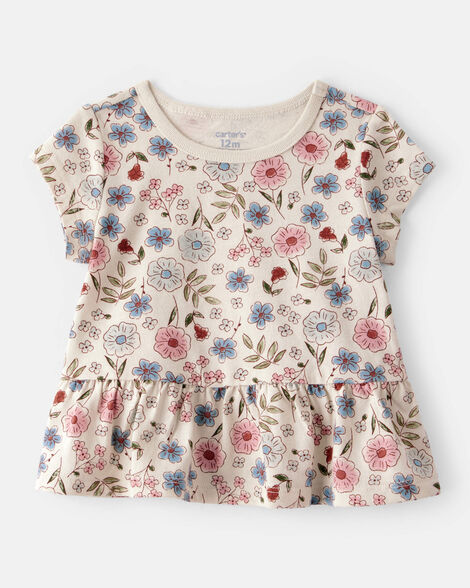 baby girl floral short-sleeve peplum top - cream