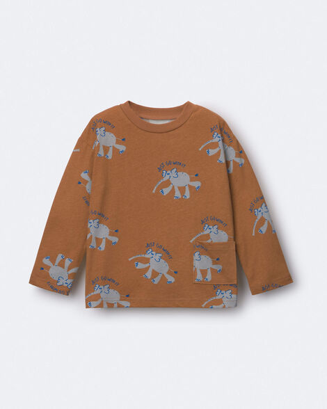 Toddler Long-Sleeve Relaxed Graphic Tee in Elephant Print - Brown
