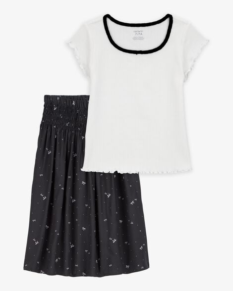 Product image 1 of Kid 2-Piece Pointelle Tee & Bow Print Maxi Skirt Set - Black/White