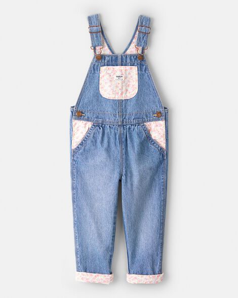 Toddler Girl Floral Patchwork Denim Overalls - Blue