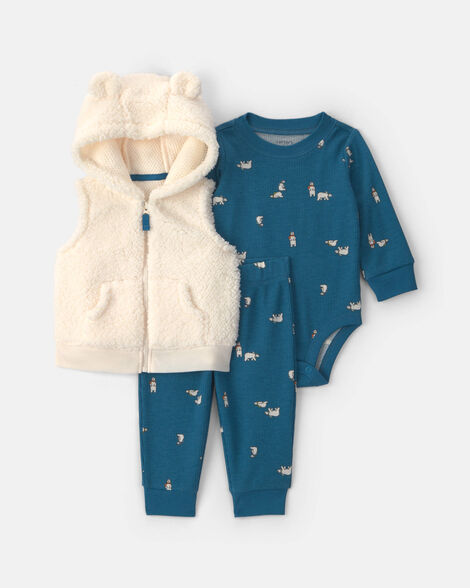 baby boy 3-piece bear teddy fleece long-sleeve layering set - blue/cream