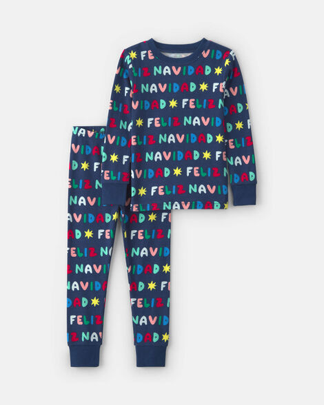 toddler 2-piece 'feliz navidad' christmas 100% cotton snug fit pajama set - navy blue