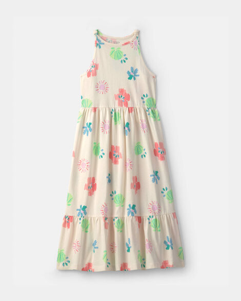 girls tropical floral sleeveless maxi dress - ivory