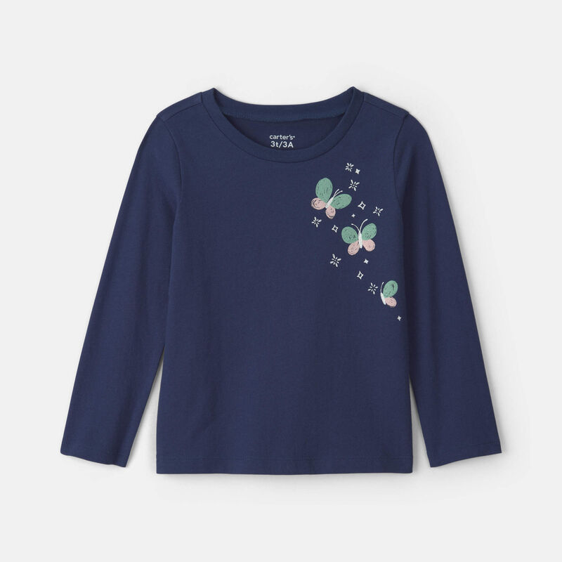 Toddler Girl Butterfly Floral Long-Sleeve Graphic Tee - Navy Blue