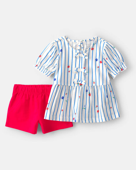 toddler girl 2-piece strawberry top & short set - blue/red