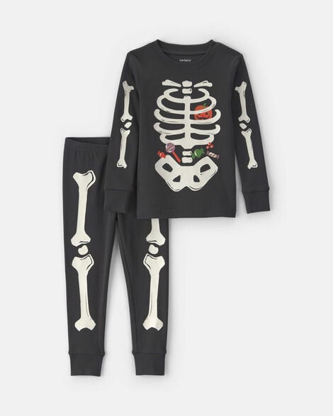 toddler 2-piece halloween glow in the dark skeleton 100% cotton snug fit pajama set - black