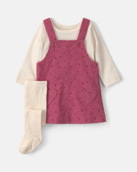 baby girl 3-piece heart corduroy long-sleeve dress set - pink/cream