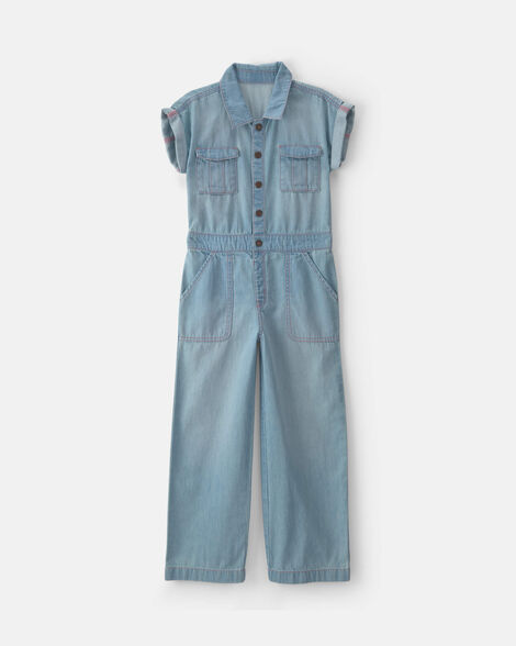 Girls Denim Short-Sleeve Jumpsuit - Light Wash
