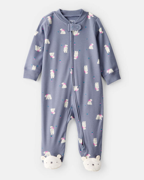 baby girl polar bear print 100% cotton snug fit sleep & play pajamas - grey