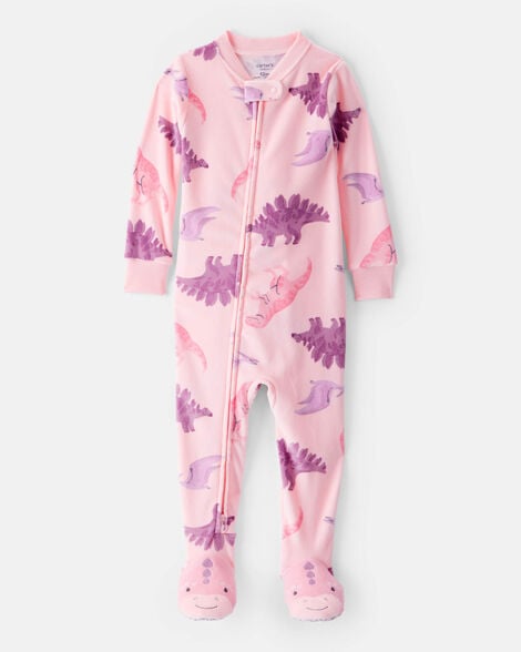 baby girl dinosaur dreamplush snug fit 2-way zip 1-piece pajamas - pink