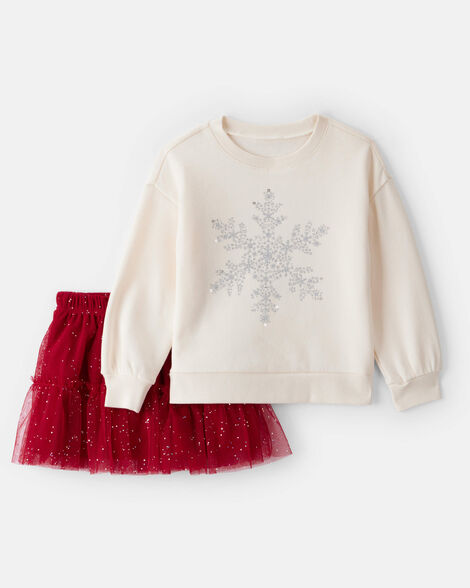 toddler girl 2-piece daydream fleece snowflake print long-sleeve top & skirt set - red/white