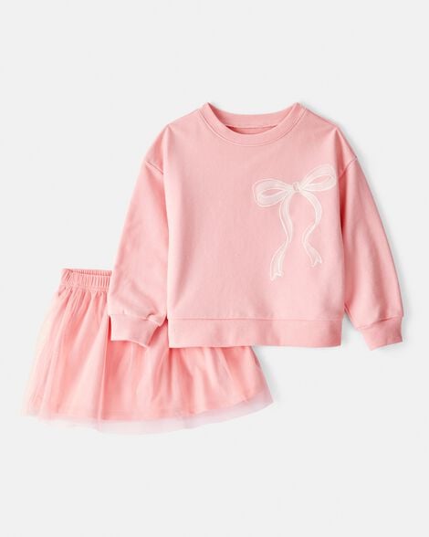 toddler girl bow long-sleeve top & tulle skort set - pink