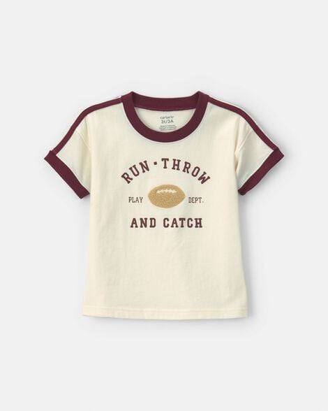 toddler boy 'run, throw and catch' football graphic tee - cream/burgundy