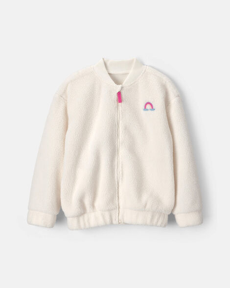girls rainbow teddy fleece zip-up jacket - cream