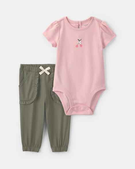 baby girl 2-piece cherry short-sleeve bodysuit & pant set - pink/green