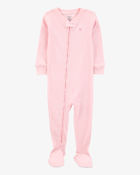 baby girl heart waffle knit footie 1-piece pajamas - pink