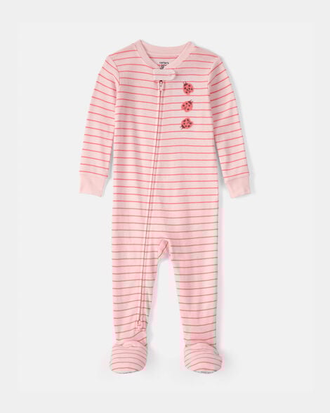 toddler girl ladybug striped 100% cotton snug fit 1-piece pajama - pink