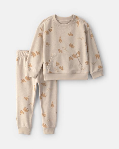 toddler boy 2-piece animal cracker french terry top & pant set - cream/brown