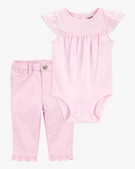 Product image 1 of Baby 2-Piece Pointelle Bodysuit & Embroidered Hem Pants Set