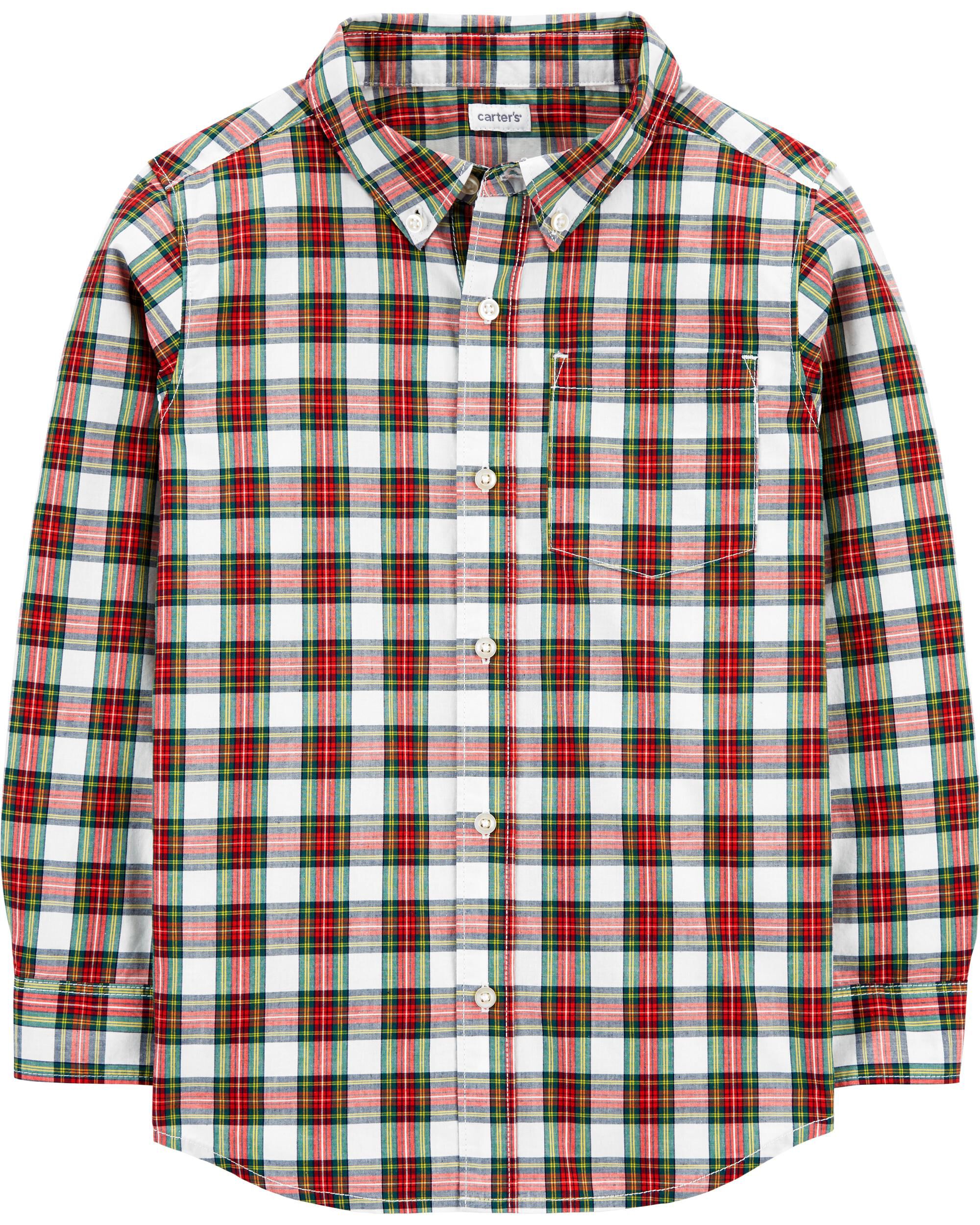Kid Red/Green Plaid Twill Button-Front 
