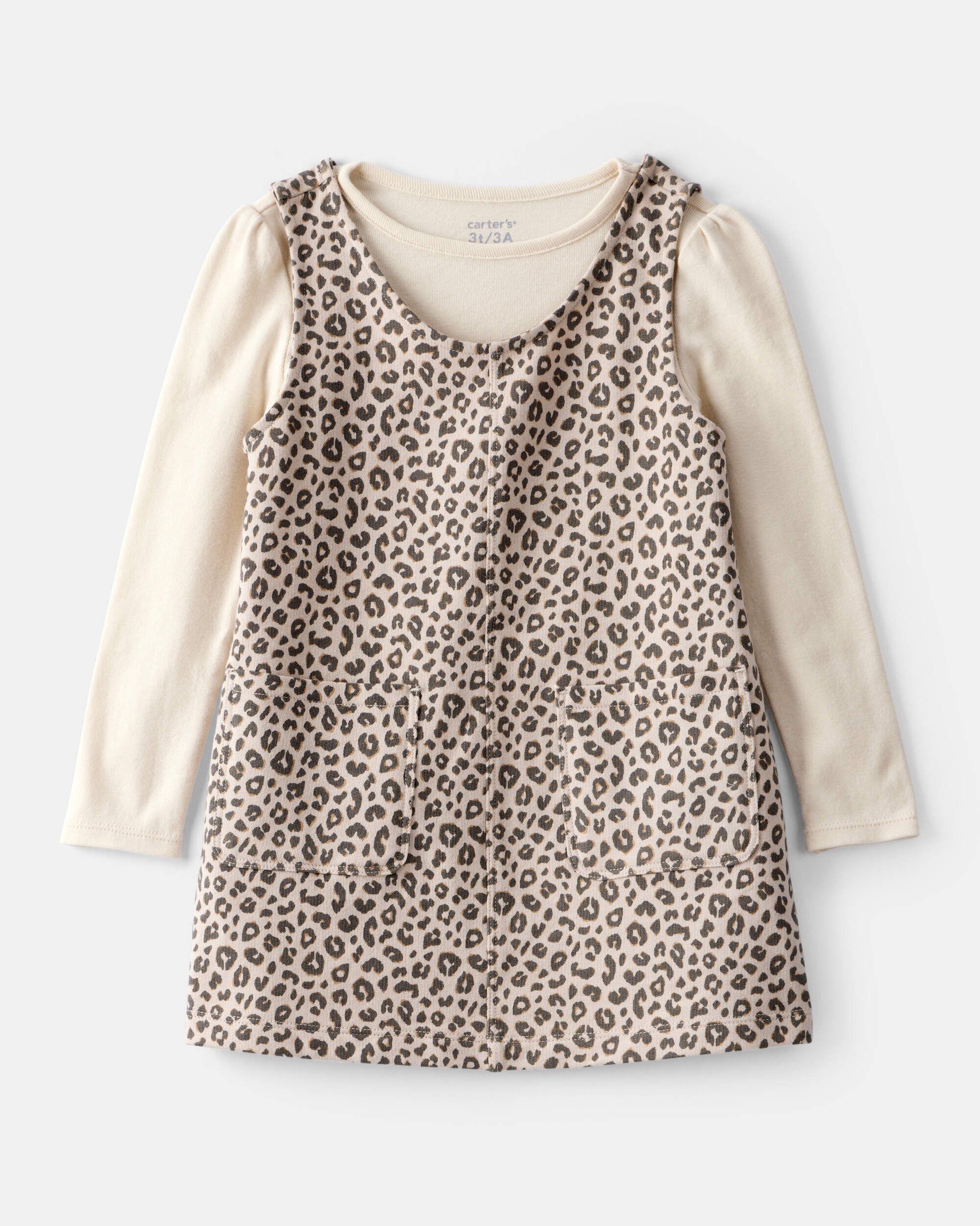 Toddler Girl 2-Piece Leopard Print Cotton Long-Sleeve Dress Set - Brown