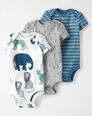 Baby Organic Cotton Rib 3-Pack Wildlife-Print & Striped Bodysuits