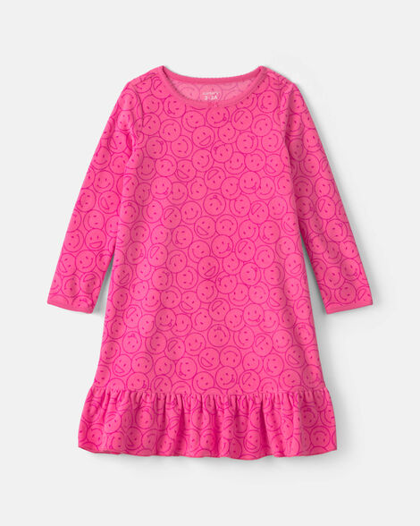 girls smiley face fleece loose fit night gown - pink