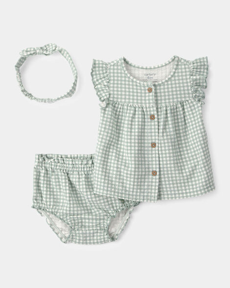 baby girl 3-piece gingham top & short set - green