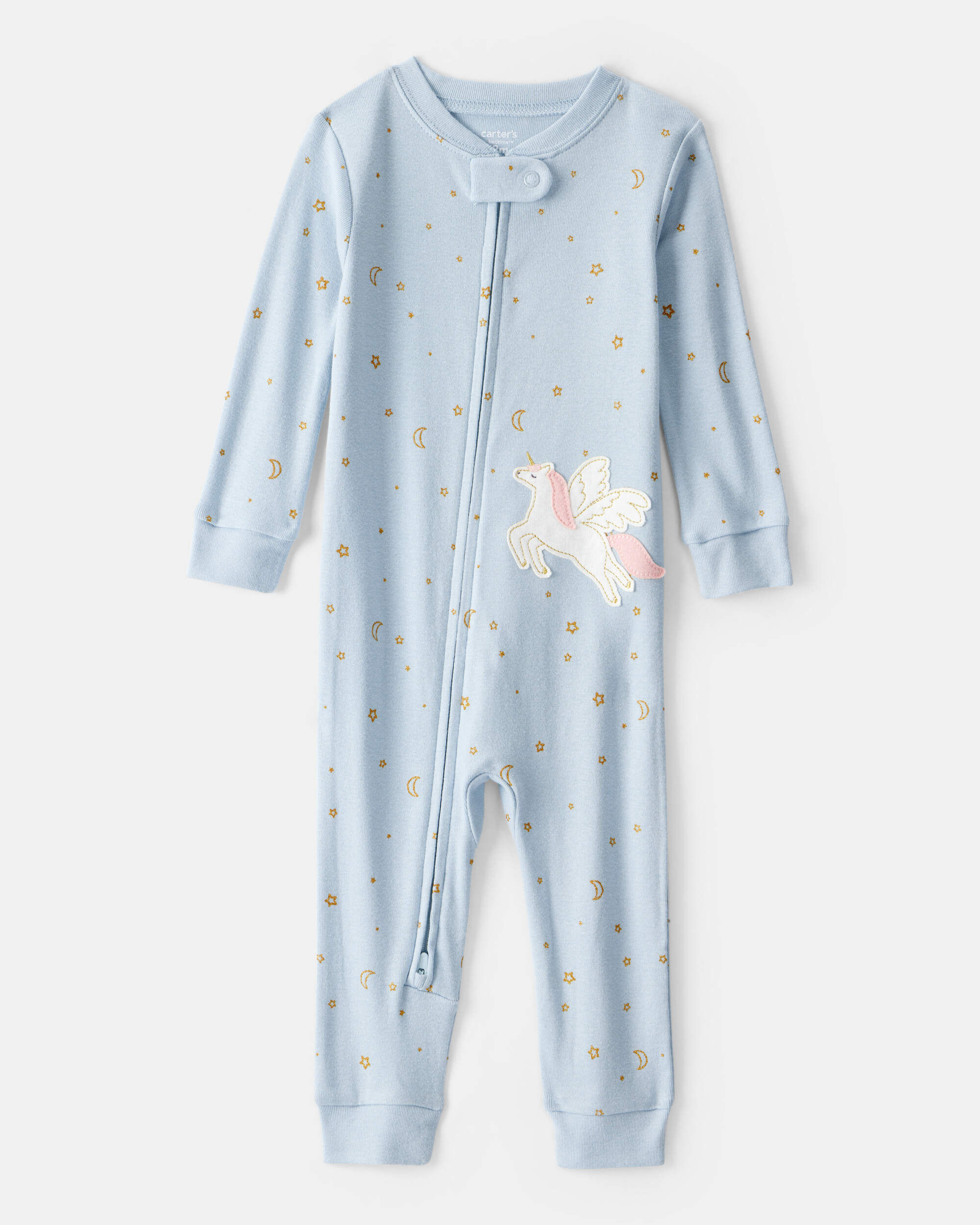 Toddler Girl Unicorn Star Print 100% Cotton Long-Sleeve 2-Way Zip 1-Piece Pajamas - Blue