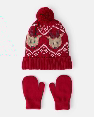 Product image 1 of Baby Boy 2-Pack Reindeer Fair Isle Winter Hat & Mittens - Red