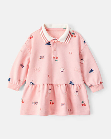 baby girl art print collared long-sleeve dress - pink