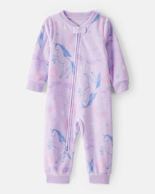 Product image 1 of Baby Girl Unicorn Print Loose Fit Long-Sleeve 2-Way Zip 1-Piece Pajamas - Purple