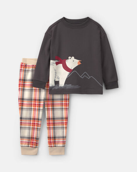 toddler boy 2-piece polar bear christmas plaid fleece loose fit pajama set - grey/orange