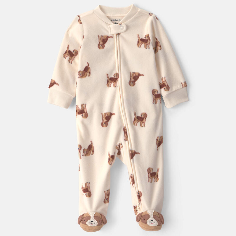 Baby Boy Dog Fleece 2-Way Zip Sleep & Play Pajamas - Cream