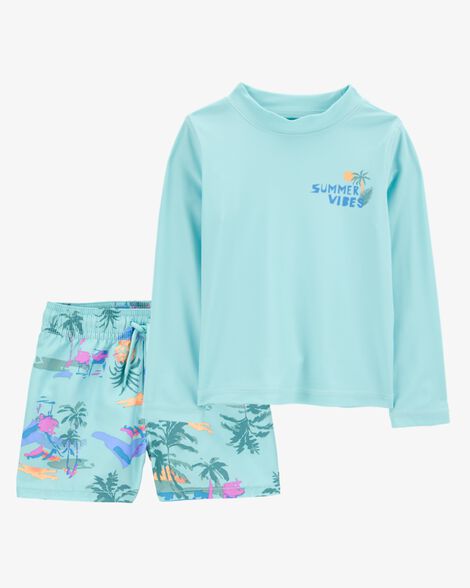  Product image 1 of Toddler 2-Piece Tropical Print Long-Sleeve Rashguard & Swim Trunks Set - Blue
