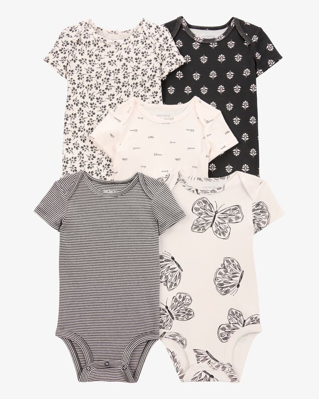 Product image 1 of Baby Girl 5-Pack Striped Butterfly Short-Sleeve Cotton Bodysuits - Black/White