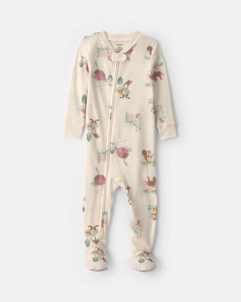 baby girl 1-piece country farm 2-way zip 100% cotton snug fit footed pajama - cream