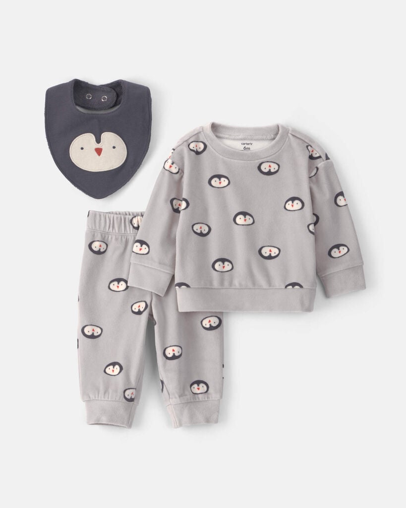 Carter's Baby Boys' Penguin-Print Long-Sleeve Top, Pants and Bib, 3-Piece Set - Gray