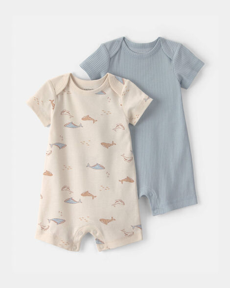 baby 2-pack whale rompers - blue/ivory