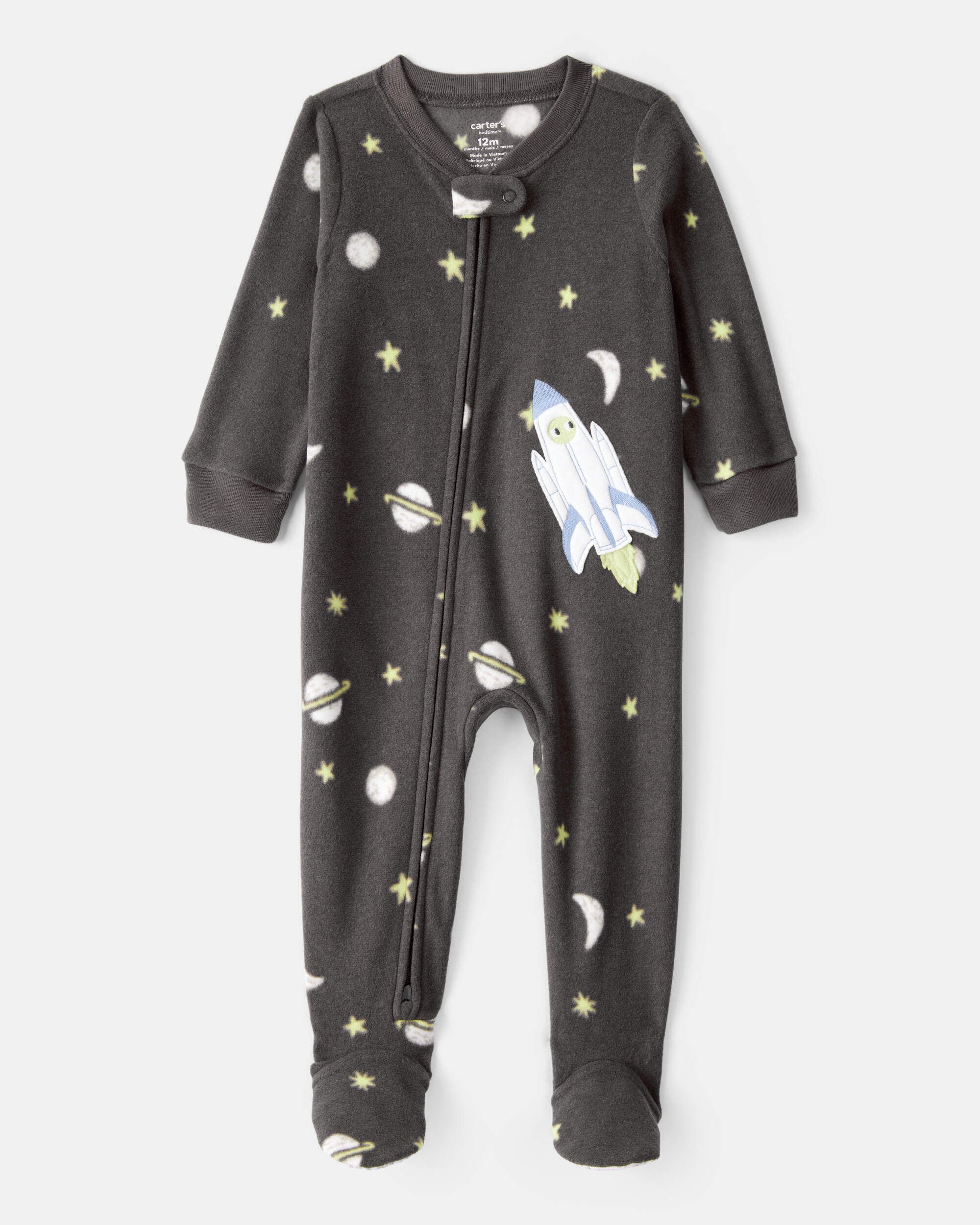 Baby Boy Spaceship Star Print Fleece Loose Fit 1-Piece Pajamas - Grey