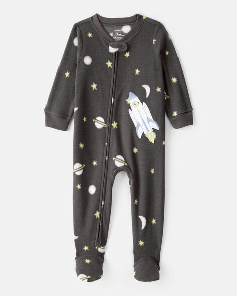 baby boy spaceship star print fleece loose fit 1-piece pajamas - grey
