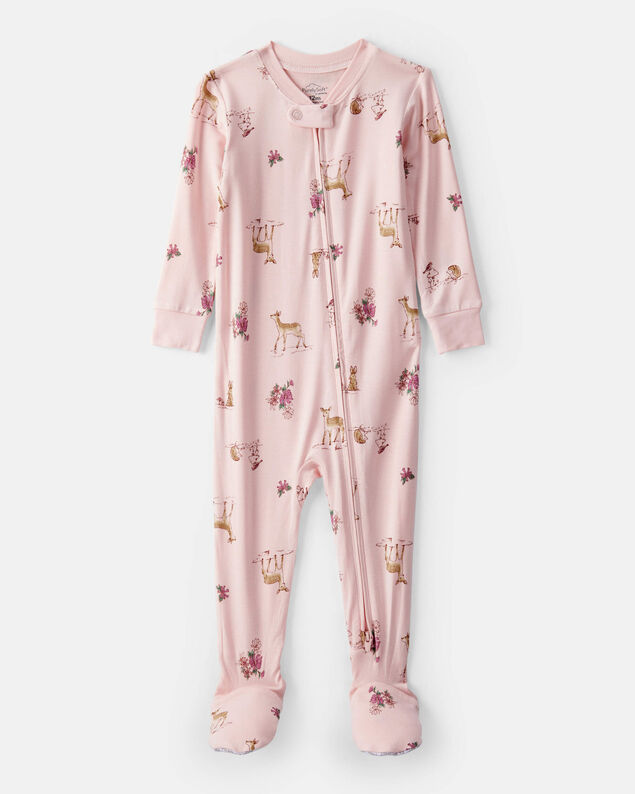 Product image 1 of Baby Girl Deer & Floral Print PurelySoft Long-Sleeve 2-Way Zip 1-Piece Pajamas - Pink